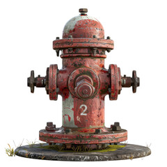 Fototapeta premium A weathered red fire hydrant stands on a grassy patch, showcasing its rustic charm and urban utility.