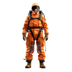 An orange protective suit designed for hazardous environments, featuring a gas mask and safety gear for ultimate protection.