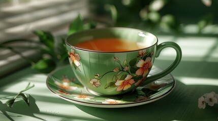 Fototapeta premium A green tea cup with a flower design, placed on a saucer, capturing a peaceful, still life moment on a wooden table.