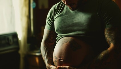 close-up of pregnant transgender man with tattoos wearing a green t-shirt, holding his pregnant belly 