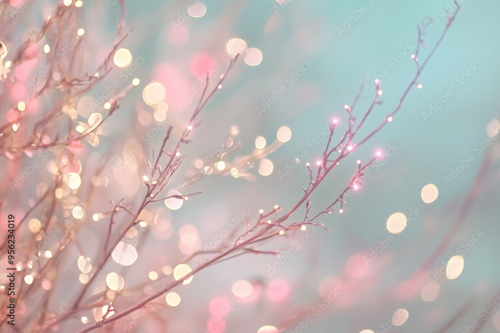 Poster delicate branches adorned with glowing lights create a whimsical atmosphere in a soft pastel setting