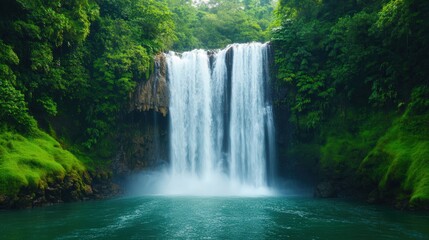 Obraz premium Tropical Oasis Waterfall, a vibrant summer scene featuring a cascading waterfall surrounded by lush greenery, illuminated by sunlight, offering a refreshing atmosphere with space for text.