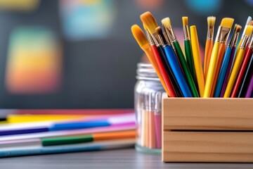 Fototapeta premium An Art Supplies Kit with Paintbrushes, Markers, and Paper in a Wooden Box