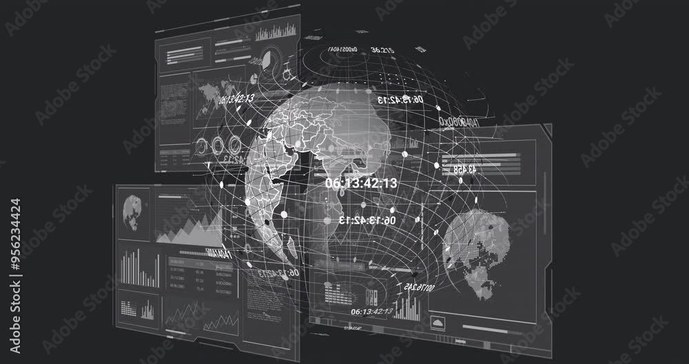 Poster Global data visualization and analytics animation over digital world map and charts