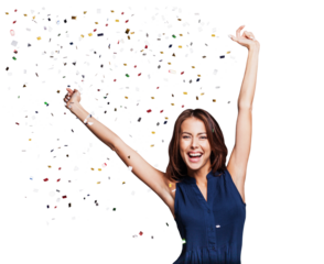 Happy woman with confetti falling everywhere on her isolated transparent PNG, Birthday celebration party or New Year eve celebrating concept