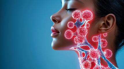Digital of a woman's profile with a focus on lymphatic system anatomy, highlighting lymph nodes in her face and neck area.