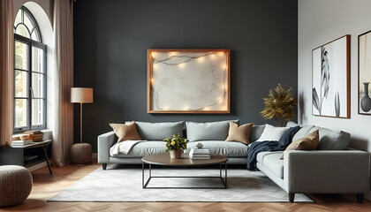 A modern living room with a large gray sofa, a wooden framed wall art piece with string lights, and a warm, cozy atmosphere