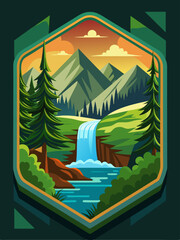 Fototapeta premium Mountain Landscape with Waterfall and Forest