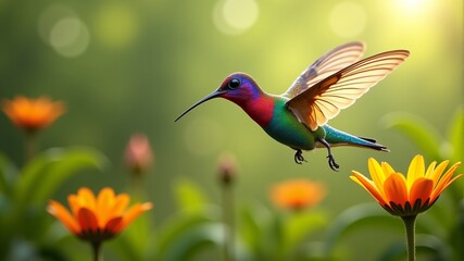 Fototapeta premium a colorful hummingbird is flying in front of some flowers.