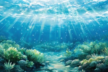 Naklejka premium Sunbeams Illuminating Underwater Coral Reef Landscape