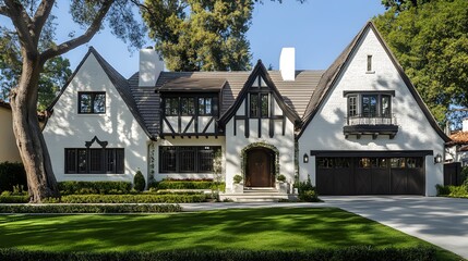 the front view exterior, white brick home with dark wood accents and gable roof in beverly hills california. large oak trees surround house