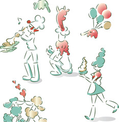 Vector illustrations of people and pets enjoying a home party. Pastry chef making a pie. a waitress serving drinks at a party. Cartoon style. White background. party17