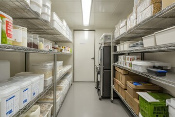 A well-organized storage room with shelves filled with various containers and food items.