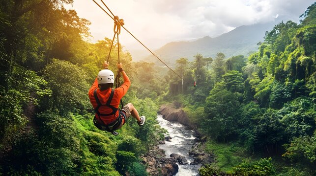 Tourists engaging in adventure activities like zip-lining through a rainforest, mountain climbing, or white-water rafting - Powered by Adobe