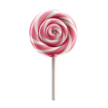 Pink and White Swirled Lollipop on a Stick, Isolated on a Transparent Background.