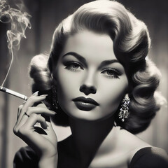 portrait of a woman smoking a cigarette retro vintage mono black and white  © dave cornish