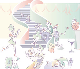 Vector illustrations of people and pets enjoying a home party. Sitting on the stairs lovers talking to each other. Waitresses serving drinks at a party. Cartoon style. party03