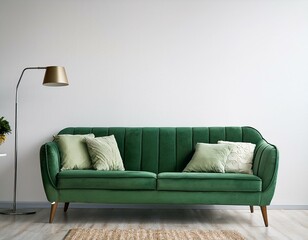 White room with green sofa. Scandinavian interior design. 3D illustration