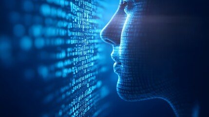 Obraz premium A human face with transparent digital text overlay, showcasing speech converting into binary code, symbolizing speech-to-text technology, futuristic style