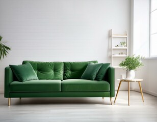 White room with green sofa. Scandinavian interior design. 3D illustration