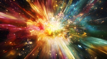 Vibrant cosmic explosion radiating energy and light in a stunning display of color and motion across the universe.