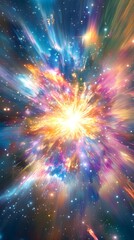 Naklejka premium Vibrant cosmic explosion radiating energy and light in a stunning display of color and motion across the universe.