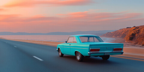 Obraz premium Driving an Old Light Blue Car