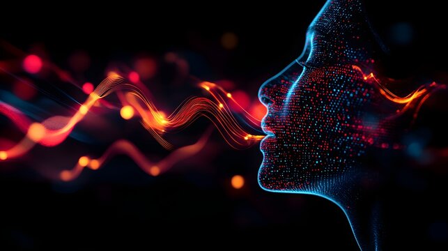 Overlay of human speech waves and AI-generated text in double exposure, illustrating the flow of spoken words turning into digital form