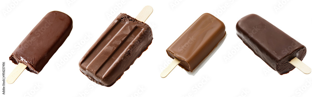Poster an ice cream covered in chocolate placed on a white background with full depth of field