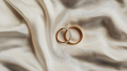 wedding rings on the bed background. Flat lay, top view