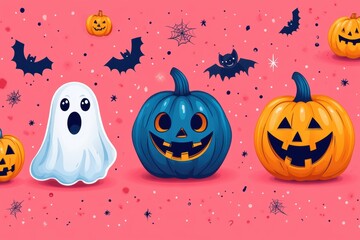 Obraz premium Halloween Seamless Pattern with Cute Ghosts, Pumpkins, and Trick-or-Treat Elements
