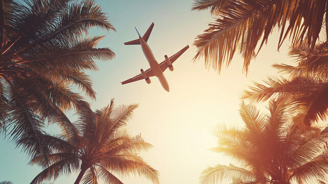 Samolot przelatuje nad palmami, a tło stanowi czyste niebo w czasie zachodu słońca. Świetliste promienie słońca tworzą romantyczną i wakacyjną scenerię, doskonałą do tematu podr&oacute;ży i wypoczynku.