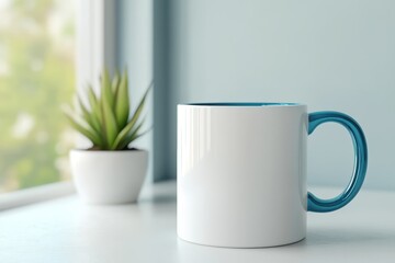 A white mug with a blue handle sits on a table near a small plant by a window.