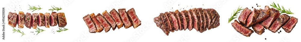 Poster the steak is fried medium well; it is isolated on a white background and the depth of field is full