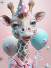 Cute little giraffe with long neck and open eyes, dressed in pink pajamas and a party hat, surrounded by colorful star decorations and a blue balloon.
