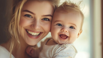 Szczęśliwa mama trzymająca niemowlę w objęciach, z wyraźnym uśmiechem na twarzy. Moment pełen miłości i wdzięczności, pokazujący ciepłe relacje rodzinne.