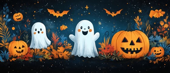 Halloween Seamless Pattern with Cute Ghosts, Pumpkins, and Trick-or-Treat Elements