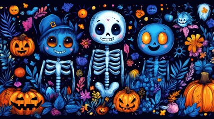 Naklejka premium Doodle Halloween Pattern with Adorable Skeletons, Happy Monsters, and Festive Elements for Kids' Prints