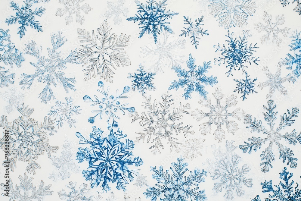 Poster Delicate snowflake patterns and fine lines merge in a soothing palette of blues and whites, evoking the chill of winter. Generative AI