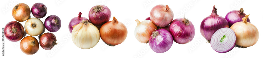 Poster a yellow and red onion on a white background, with a full depth of field