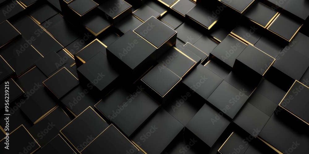 Poster abstract black background featuring geometric shapes with metallic highlights, adding a futuristic t