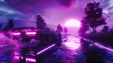Obraz premium Driving in the night futuristic synthwave car in purple and blue neon lights
