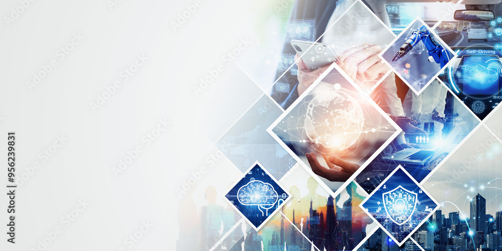 Aufkleber Digital technology concept. Digital transformation. AI (Artificial intelligence). Wide angle visual for banners or advertisements.