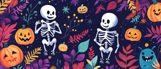 Fototapeta premium Doodle Halloween Pattern with Adorable Skeletons, Happy Monsters, and Festive Elements for Kids' Prints