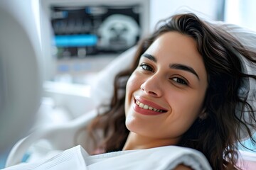 Happy woman during electromagnetic procedure for urinary incontinence at medical clinic.