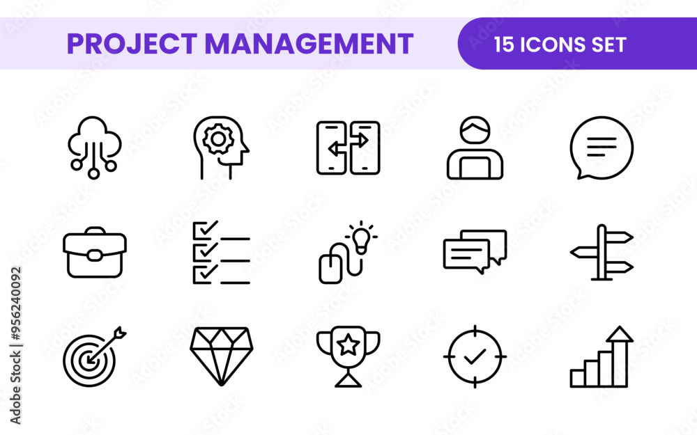 Poster project management web icons in line style. outline icon collection related to schedule, human resou