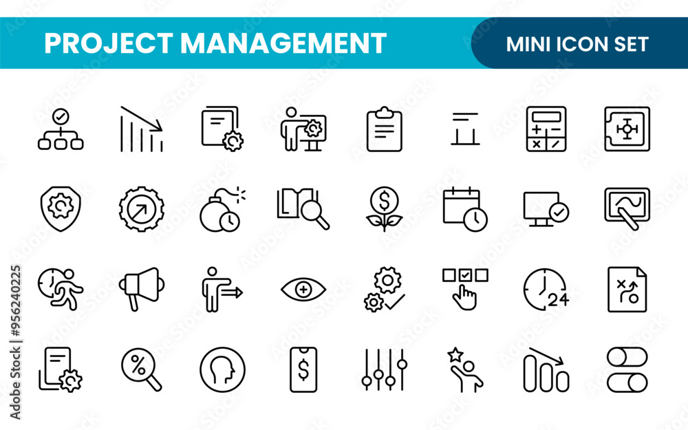 Poster project management web icons in line style. outline icon collection related to schedule, human resou