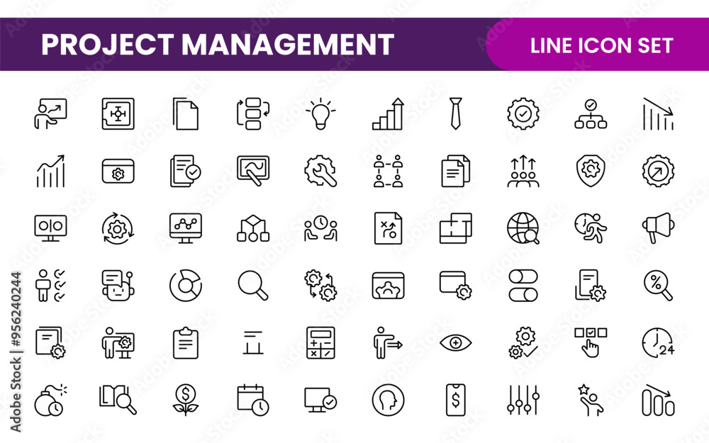 Poster project management web icons in line style. outline icon collection related to schedule, human resou