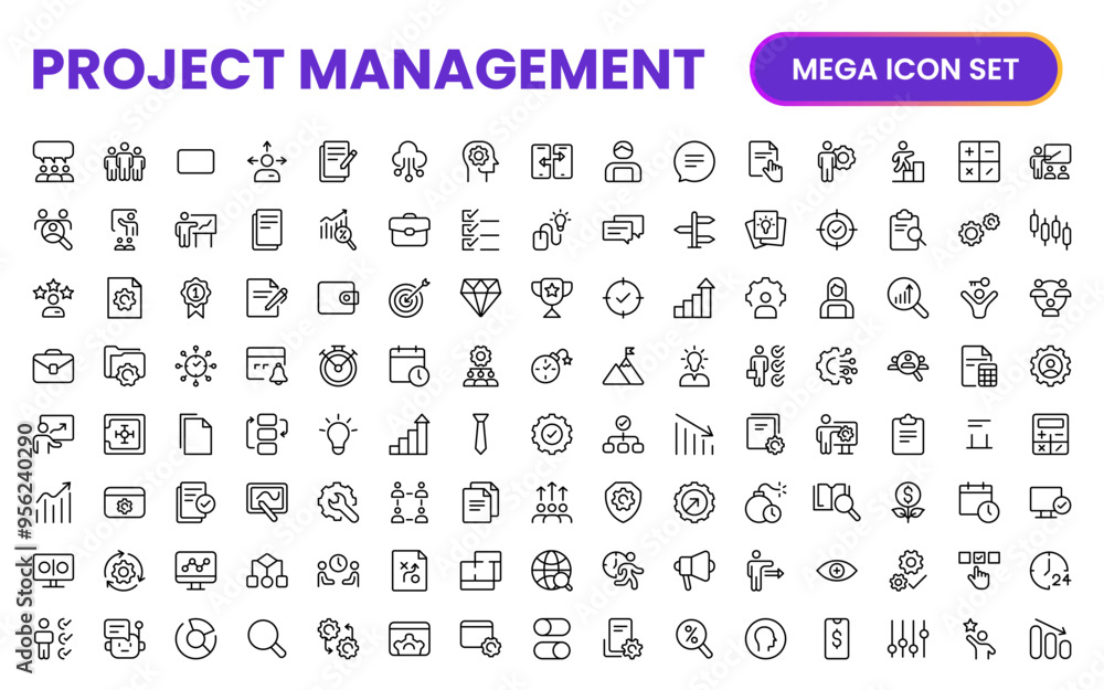 Poster project management web icons in line style. outline icon collection related to schedule, human resou