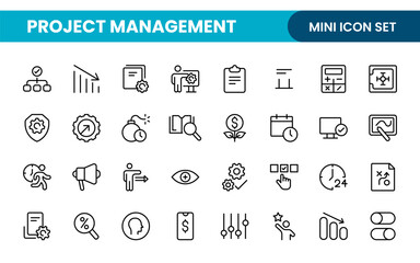 Project Management web icons in line style. Outline icon collection related to Schedule, human resource, management, development, planning, and more.